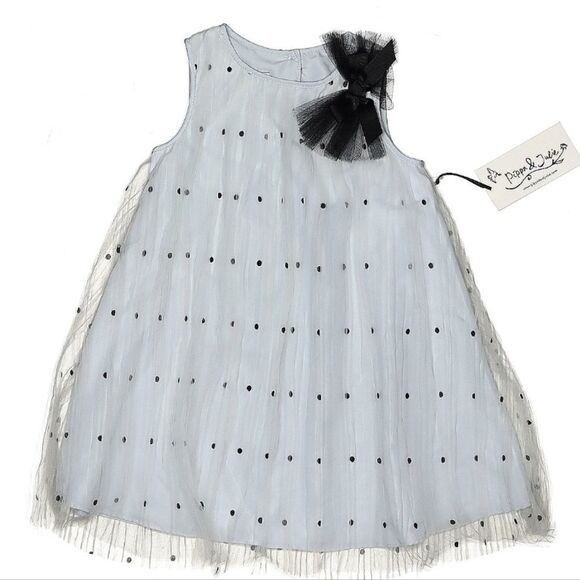 NWT PIPPA & JULIEKids' Polka Dot Tulle Shift Dress In Blue/ Black - Picture 3 of 4